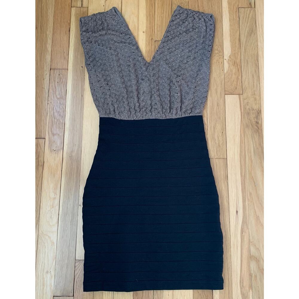 Express Women's Gold and Black Bandage Body Contouring Dress V-Neck Size XS